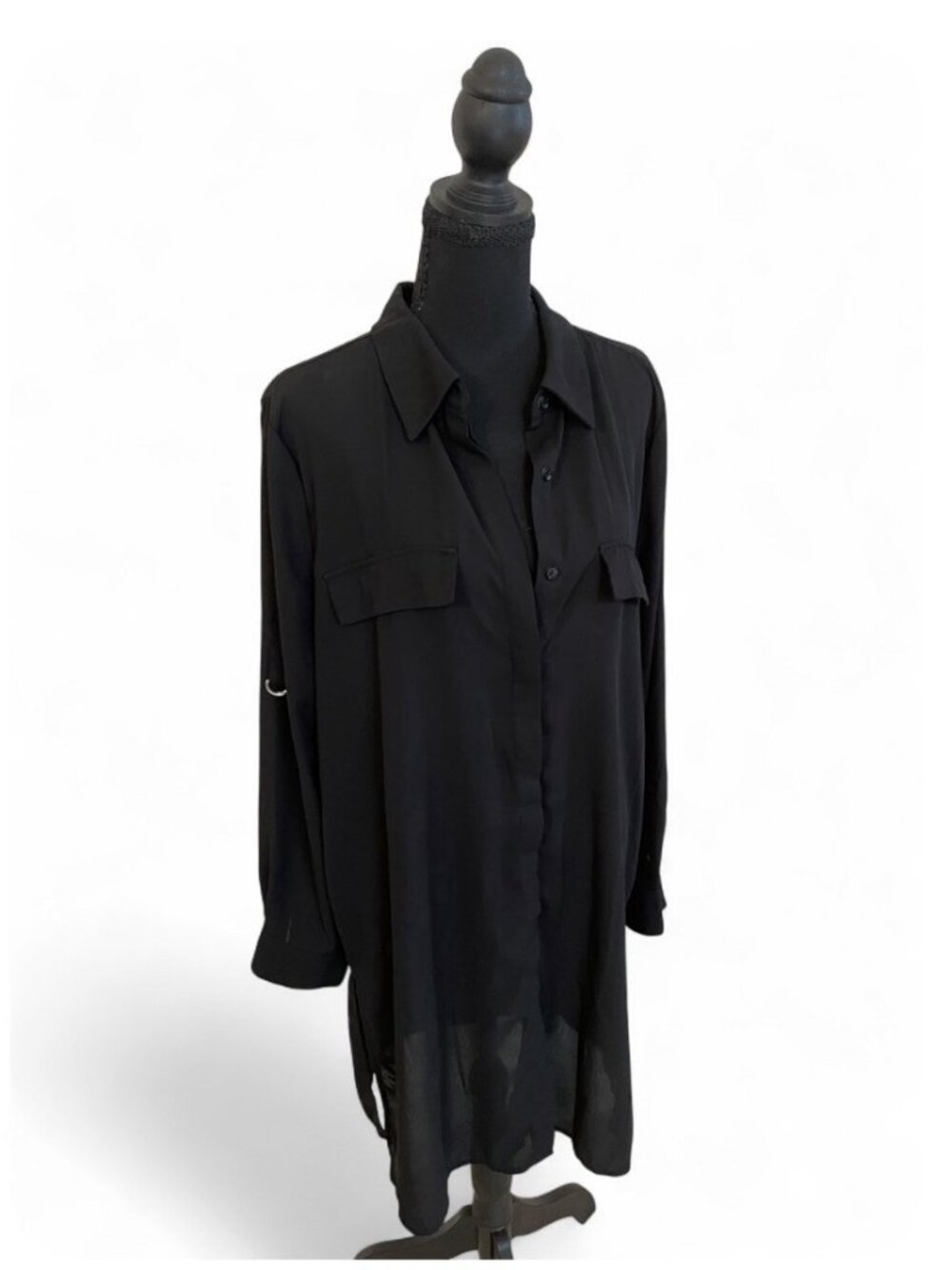 Premise Sheer Button Down Long Black Shirt Dress Witch Goth Flowy Minimalist, XL
